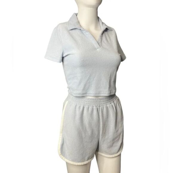 Wallflower Collared Terry Cloth Shorts Set Light Blue Size Small - Picture 1 of 4